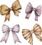 Watercolor set of bows, coiled ribbons include color beige and purple, isolated on white background.