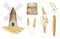 Watercolor set of bread. Mill, flour, baguette, oats, ear of wheat. Bakery illustration