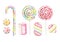 Watercolor set with bright candies, lollipops, marshmallow and sweets