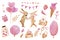 Watercolor set of bright romantic elements - bunnies, hearts, sweets, arrows, cupcakes.