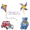 Watercolor set with children\'s toy. Hand drawn kids toy: red car, kite, teddy bear and windmill.