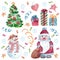 Watercolor set of Christmas characters and items.