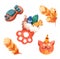 A watercolor set of Christmas tree branches, a mitten in the form of a paw with cookies in the shape of fish, a Christmas tree toy