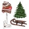 Watercolor set of christmas tree, wooden sleigh, ice skates and warm blankets