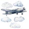 Watercolor set with clouds and airplane. Hand painted sky illustration with aircraft isolated on white background. For