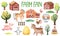 Watercolor set collection of farm houses and pets