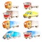 Watercolor set collection of vehicles  trucks, lorries, vans in different colors, type and classification in white background