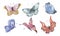 Watercolor set with colorful abstract butterflies, flying butterflies isolated elements on a white background.