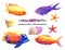 Watercolor set of colorful reef fishes, soft coral, starfish and molluscs.