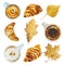 Watercolor set of cup of coffee, latte, capuccino, espresso and croissants