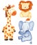 Watercolor set with cute animals: giraffe, lion, elephant.