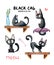 Watercolor set with cute black cats in different situations