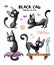 Watercolor set with cute black cats in different situations