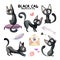 Watercolor set with cute black cats in different situations