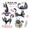 Watercolor set with cute black cats in different situations