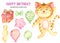 Watercolor set with cute cartoon cats, balloons, gifts.