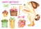 Watercolor set with cute cartoon dog, balloons, gifts.