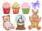 Watercolor set of cute cartoon watercolor Rabbit Bunny Teddy bear and Cute Pastel Cupcake with Ribbon