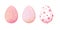 Watercolor set of decorative elements for Easter. Three dyed eggs - tender pink, pink creatively patterned and white with pink