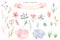 Watercolor set of delicate flowers, ribbons, watercolor stains.