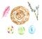 Watercolor set for Easter in pastel colors - assorted eggs, willow branch, bird nest and feather. Decorative elements symbols