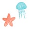 Watercolor set elements of the marine theme- starfish, jellyfish. White background. Hand painted. Fresh ocean organic