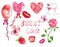 Watercolor set of elements for Valentine`s day in red and pink colors isolated