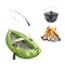 Watercolor set fishing, camping - boat, fishing rod, bonfire, cauldron