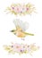 Watercolor set of flying birds and flowers.