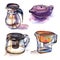 Watercolor set of four kettle illustrations for cafe. Multifunctional teapot in modern case with button, transparent big