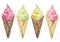 Watercolor set with four varied ice cream in waffle cone