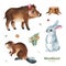 Watercolor set with funny forest animals-wild boar,rabbit,beaver,pine cone.