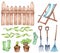 Watercolor set of garden objects rubber boots, watering can, flowerpot, sun chair, fence. Gardening tools. Spring garden