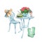 Watercolor set of garden objects table with chair, rubber boots, watering can, flowerpot, hat, radio. Gardening tools