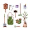 Watercolor set of garden tools and equipment