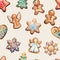 Watercolor set of ginger christmas gingerbread seamless pattern.