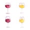 Watercolor set of glasses of different shapes with white and red grape wine.