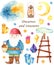 Watercolor set of gnome, moon, crystals, stairs, lantern.