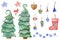 Watercolor Set of green spruce trees and new year toys. Christmas boot, wood heart.
