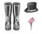 Watercolor set with groom wedding accessories: black wellies boots, cap, boutonniere, bow tie
