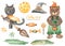 Watercolor set of Halloween animals with bear with candy jar, cat on broomstick, witch hat, candy, moon