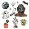 Watercolor set of Halloween objects, isolated on white background. ghost, zombie head, cupcake, dead hand, tombstone, black moon