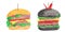 Watercolor set with a hamburger, cheeseburger, tomatoes, onions, cutlet, salad
