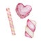 Watercolor set of hand drawn desserts pink sweet heart