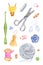 Watercolor set with handicraft tools. Things for embroiderers, seamstresses and knitters. Knitting hook, scissors, yarn