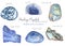 Watercolor set of healing crystals of the third eye chakra sodalite, azurite, lapis lazuli, labradorite