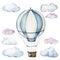 Watercolor set with hot air balloon and clouds. Hand painted sky illustration with aerostate isolated on white