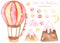 Watercolor set Hot air balloon pink with clouds, stars, mountains, polka dots, for girl, birthday