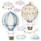 Watercolor set with hot air balloons and garland. Hand painted sky illustration with aerostate, clouds and flags