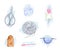 Watercolor set of icons with sewing and knitting tools on watercolor blots. Needle threader, mannequin, needle leiba, mittens